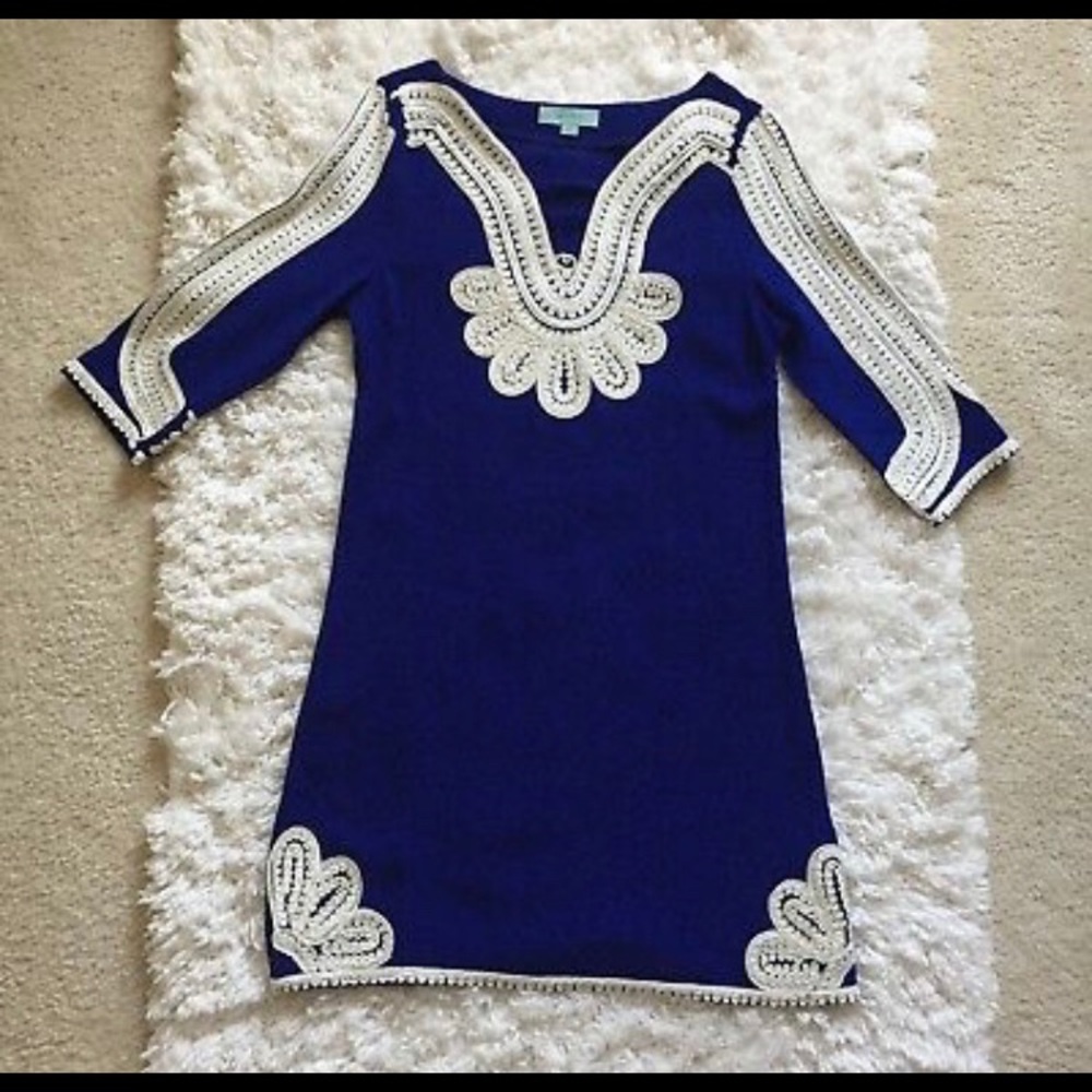 Camilla Tree Tunic Dress Blue White Embroidery